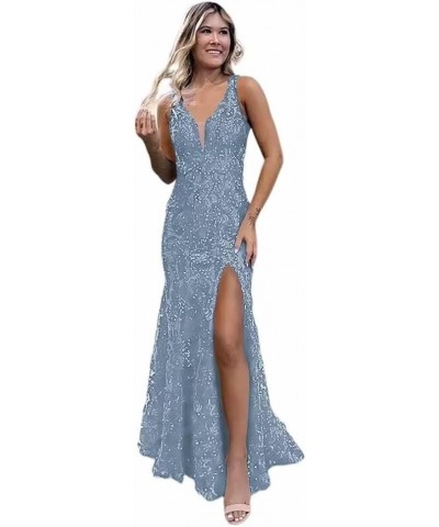 Sparkly Sequin Long Prom Dresses with Slit V-Neck Spaghetti Straps Mermaid Evening Party Dresses for WomenYO096 Dusty Blue $3...