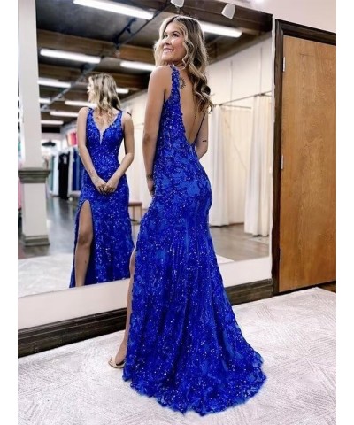 Sparkly Sequin Long Prom Dresses with Slit V-Neck Spaghetti Straps Mermaid Evening Party Dresses for WomenYO096 Dusty Blue $3...