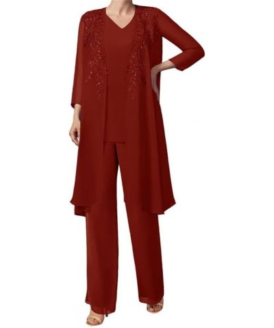 3 Pieces Sequins Mother of The Bride Dress Pant Suits Chiffon Lace Long Formal Evening Gowns with Jacket Rust $26.24 Suits