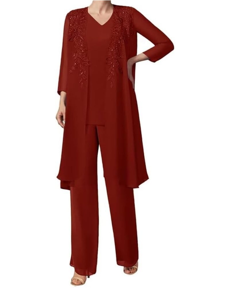 3 Pieces Sequins Mother of The Bride Dress Pant Suits Chiffon Lace Long Formal Evening Gowns with Jacket Rust $26.24 Suits