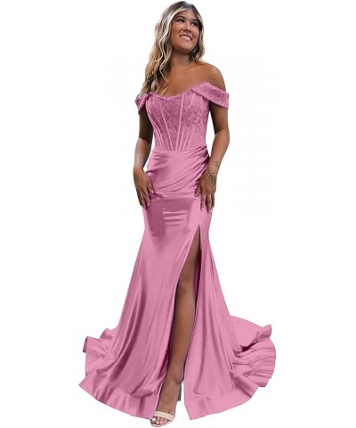 Lace Mermaid Prom Dresses for Women Off The Shoulder Formal Dress with Slit Satin Pleated Evening Gown Lilac $39.04 Dresses