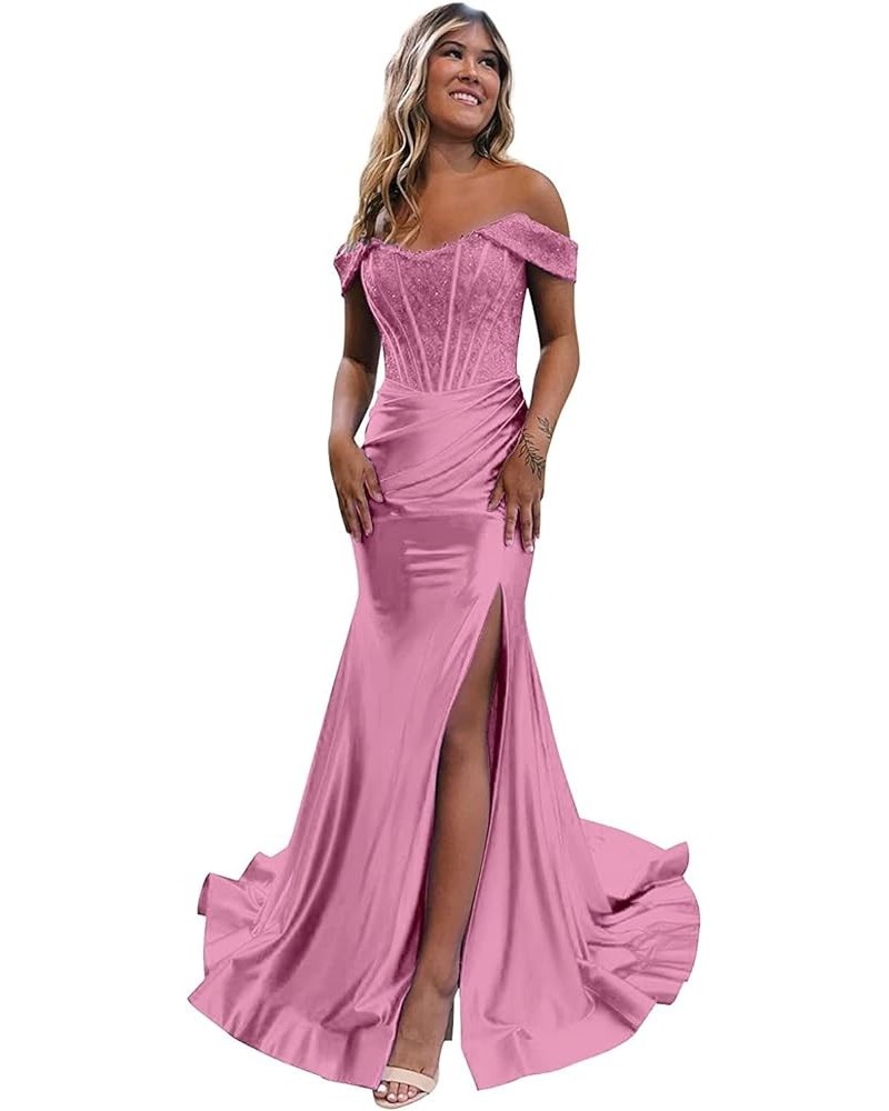 Lace Mermaid Prom Dresses for Women Off The Shoulder Formal Dress with Slit Satin Pleated Evening Gown Lilac $39.04 Dresses