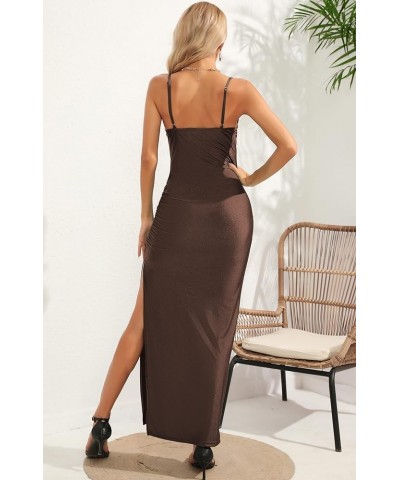 Womens Spaghetti Straps Sexy Backless Cowl Neck Maxi Dress Ruched High Slit Bodycon Cocktail Party Dresses 160 Coffee $21.16 ...