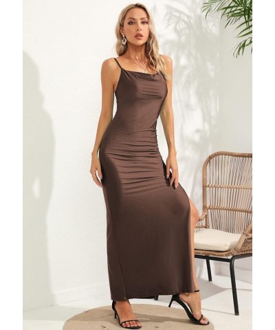 Womens Spaghetti Straps Sexy Backless Cowl Neck Maxi Dress Ruched High Slit Bodycon Cocktail Party Dresses 160 Coffee $21.16 ...