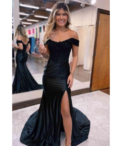 Lace Mermaid Prom Dresses for Women Off The Shoulder Formal Dress with Slit Satin Pleated Evening Gown Lilac $39.04 Dresses