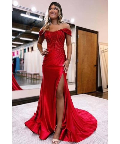 Lace Mermaid Prom Dresses for Women Off The Shoulder Formal Dress with Slit Satin Pleated Evening Gown Lilac $39.04 Dresses