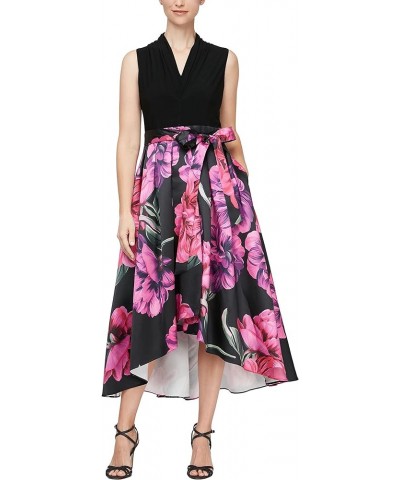 Women's Sleeveless Jersey V-Neck Hi-lo Floral Dress with Pockets Black Fuchsia $21.37 Dresses