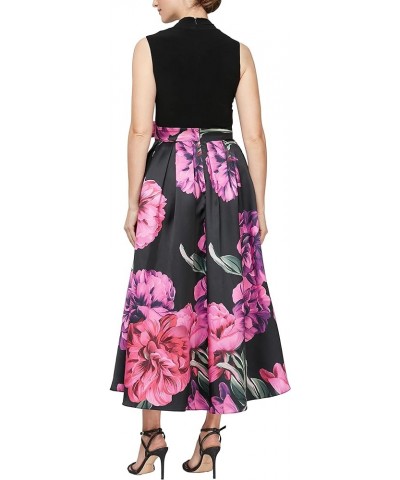 Women's Sleeveless Jersey V-Neck Hi-lo Floral Dress with Pockets Black Fuchsia $21.37 Dresses