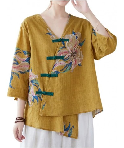 Women's Cotton Linen Shirt 3/4 Sleeve Chinese Frog Button Embroidery Blouse Shirt Tops Yellow $10.25 Blouses