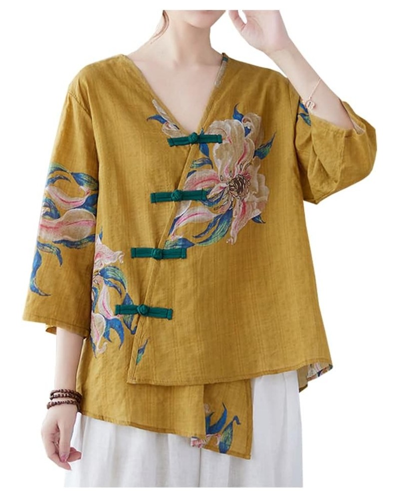 Women's Cotton Linen Shirt 3/4 Sleeve Chinese Frog Button Embroidery Blouse Shirt Tops Yellow $10.25 Blouses