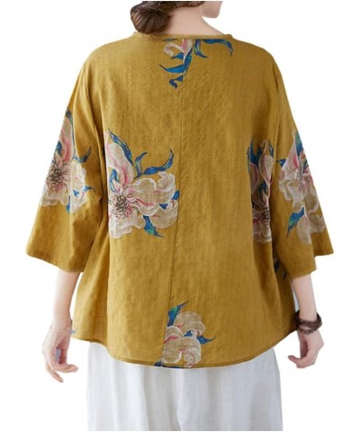 Women's Cotton Linen Shirt 3/4 Sleeve Chinese Frog Button Embroidery Blouse Shirt Tops Yellow $10.25 Blouses