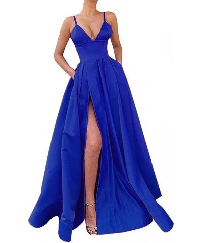 Spaghetti Strap Prom Dresses Long with High Slit 2024 New Satin Formal Evening Dresses Ball Gowns for Women with Pockets Roya...