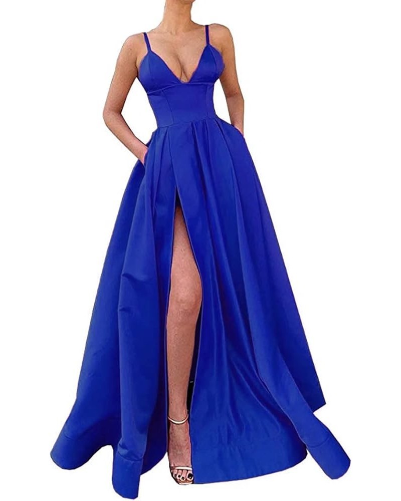 Spaghetti Strap Prom Dresses Long with High Slit 2024 New Satin Formal Evening Dresses Ball Gowns for Women with Pockets Roya...