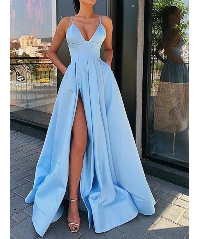 Spaghetti Strap Prom Dresses Long with High Slit 2024 New Satin Formal Evening Dresses Ball Gowns for Women with Pockets Roya...