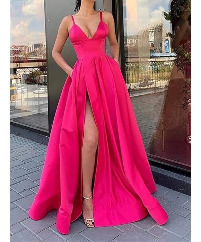 Spaghetti Strap Prom Dresses Long with High Slit 2024 New Satin Formal Evening Dresses Ball Gowns for Women with Pockets Roya...