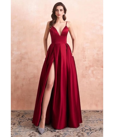 Spaghetti Strap Prom Dresses Long with High Slit 2024 New Satin Formal Evening Dresses Ball Gowns for Women with Pockets Roya...