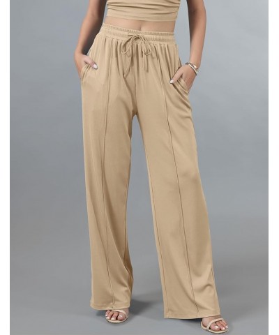 Women's Summer Wide Leg Pants Drawstring Elastic High Waist Casual Flowy Lounge Palazzo Pants with Pockets Khaki $14.84 Pants