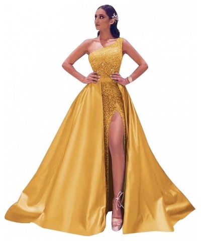 Women's One Shoulder Prom Dresses Long with Detachable Train Satin Sparkly Sequin Ball Gown Formal Dress Slit Gold $40.85 Dre...