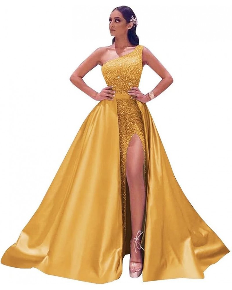 Women's One Shoulder Prom Dresses Long with Detachable Train Satin Sparkly Sequin Ball Gown Formal Dress Slit Gold $40.85 Dre...