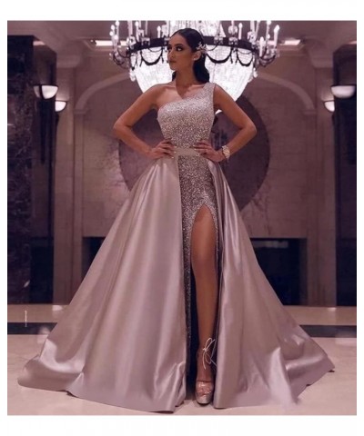 Women's One Shoulder Prom Dresses Long with Detachable Train Satin Sparkly Sequin Ball Gown Formal Dress Slit Gold $40.85 Dre...