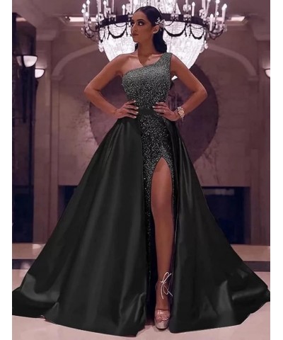 Women's One Shoulder Prom Dresses Long with Detachable Train Satin Sparkly Sequin Ball Gown Formal Dress Slit Gold $40.85 Dre...