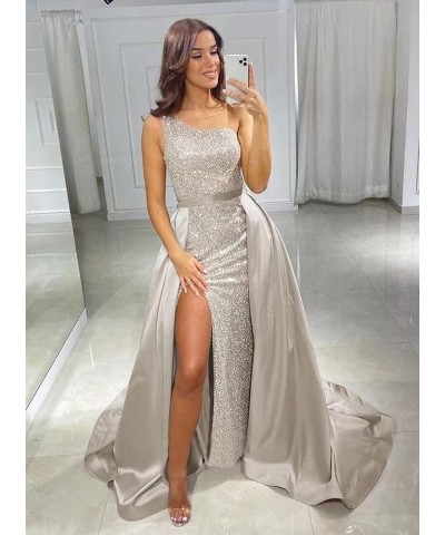 Women's One Shoulder Prom Dresses Long with Detachable Train Satin Sparkly Sequin Ball Gown Formal Dress Slit Gold $40.85 Dre...