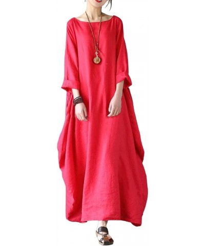 Womens Casual Loose Cotton Linen Kaftan Dress 3/4 Sleeve Crewneck Maxi Lounging Dress Red $17.99 Dresses