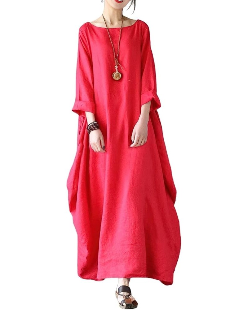 Womens Casual Loose Cotton Linen Kaftan Dress 3/4 Sleeve Crewneck Maxi Lounging Dress Red $17.99 Dresses