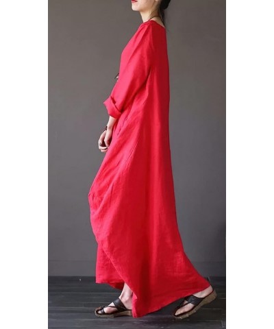 Womens Casual Loose Cotton Linen Kaftan Dress 3/4 Sleeve Crewneck Maxi Lounging Dress Red $17.99 Dresses