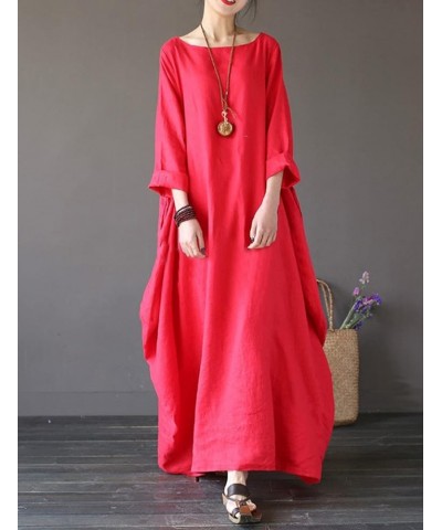 Womens Casual Loose Cotton Linen Kaftan Dress 3/4 Sleeve Crewneck Maxi Lounging Dress Red $17.99 Dresses