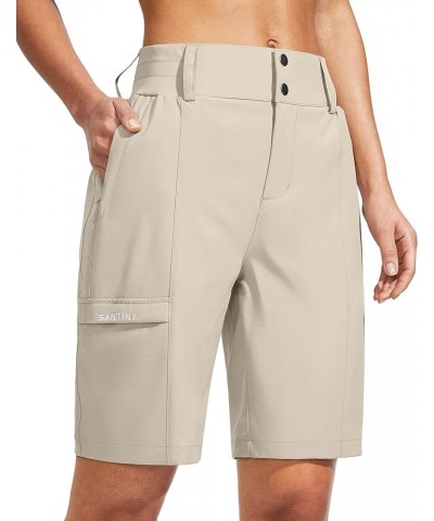 Women's Golf Hiking Shorts 9'' High Waisted Quick Dry Bermuda Long Shorts for Women with Zipper Pockets Khaki $17.84 Shorts