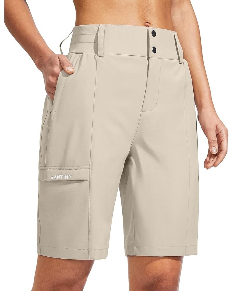 Women's Golf Hiking Shorts 9'' High Waisted Quick Dry Bermuda Long Shorts for Women with Zipper Pockets Khaki $17.84 Shorts