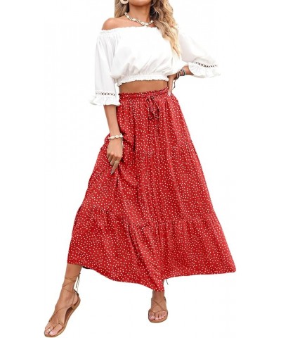 Women's 2024 Bohemian Floral Printed Elastic Waist A Line Maxi Skirt with Pockets Tomato $23.84 Skirts