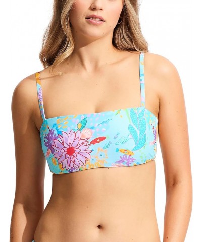 Women's Dd Cup Bandeau Bikini Top Swimsuit with Straps Under the Sea Blue Mist $53.28 Swimsuits