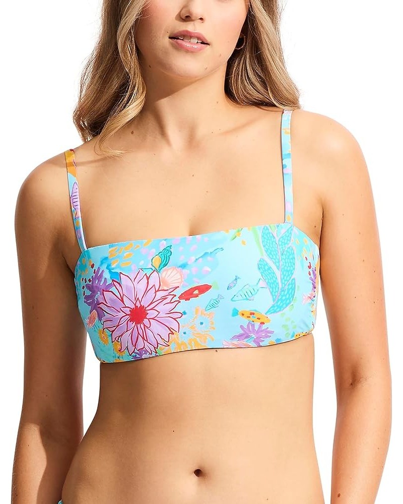 Women's Dd Cup Bandeau Bikini Top Swimsuit with Straps Under the Sea Blue Mist $53.28 Swimsuits