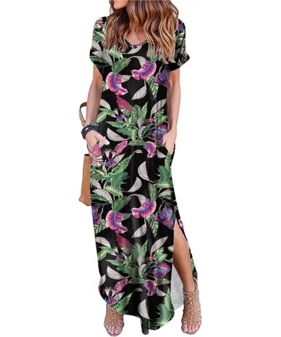 Women's Summer Maxi Dress Short Sleeve V Neck Casual Loose Long Beach Split Dresses with Pockets Purple Flower Green $16.31 D...