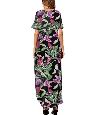 Women's Summer Maxi Dress Short Sleeve V Neck Casual Loose Long Beach Split Dresses with Pockets Purple Flower Green $16.31 D...