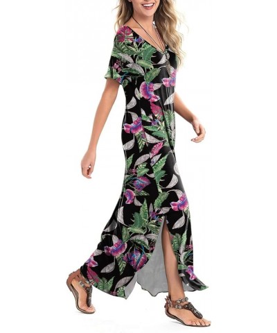 Women's Summer Maxi Dress Short Sleeve V Neck Casual Loose Long Beach Split Dresses with Pockets Purple Flower Green $16.31 D...