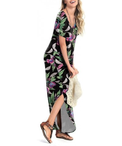 Women's Summer Maxi Dress Short Sleeve V Neck Casual Loose Long Beach Split Dresses with Pockets Purple Flower Green $16.31 D...