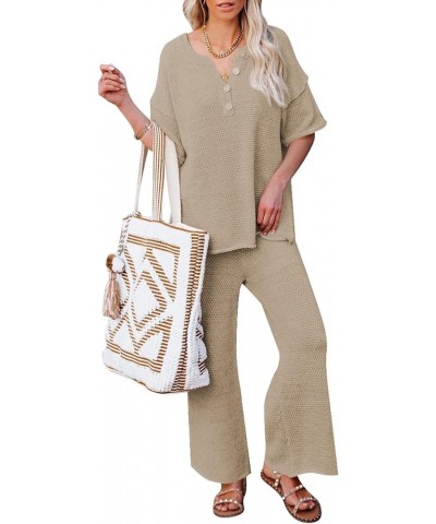 Women's 2 Piece Outfits Short Sleeve Button Knit Pullover Sweater Top Wide Leg Pants Sweatsuit Lounge Sets Khaki $20.70 Activ...