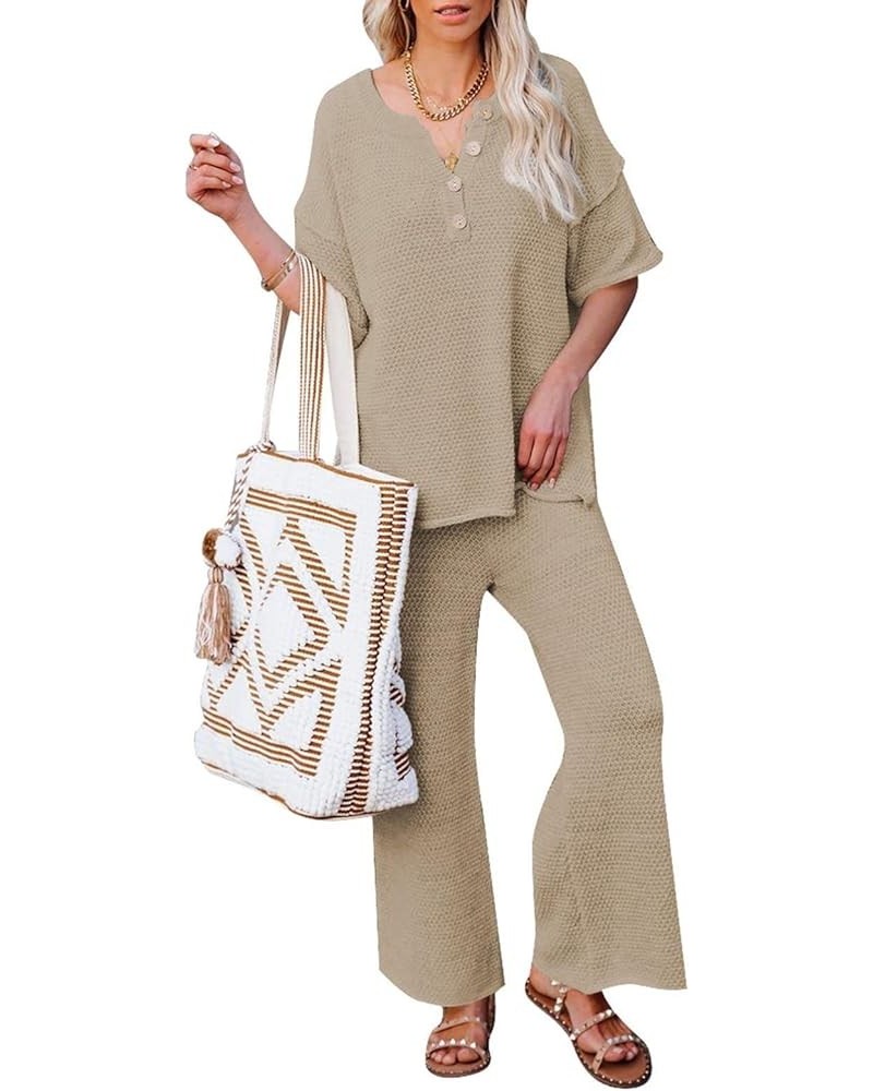 Women's 2 Piece Outfits Short Sleeve Button Knit Pullover Sweater Top Wide Leg Pants Sweatsuit Lounge Sets Khaki $20.70 Activ...