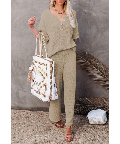 Women's 2 Piece Outfits Short Sleeve Button Knit Pullover Sweater Top Wide Leg Pants Sweatsuit Lounge Sets Khaki $20.70 Activ...