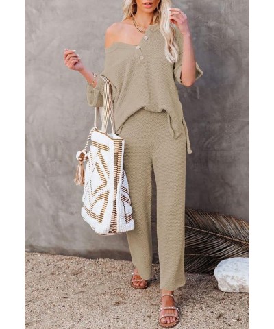 Women's 2 Piece Outfits Short Sleeve Button Knit Pullover Sweater Top Wide Leg Pants Sweatsuit Lounge Sets Khaki $20.70 Activ...