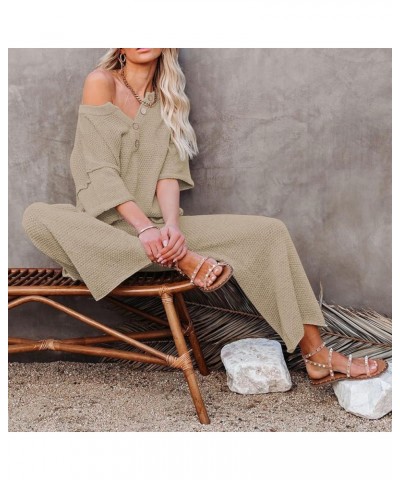 Women's 2 Piece Outfits Short Sleeve Button Knit Pullover Sweater Top Wide Leg Pants Sweatsuit Lounge Sets Khaki $20.70 Activ...