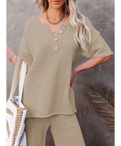 Women's 2 Piece Outfits Short Sleeve Button Knit Pullover Sweater Top Wide Leg Pants Sweatsuit Lounge Sets Khaki $20.70 Activ...