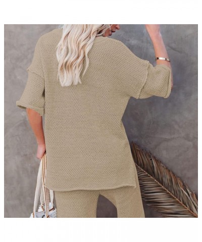 Women's 2 Piece Outfits Short Sleeve Button Knit Pullover Sweater Top Wide Leg Pants Sweatsuit Lounge Sets Khaki $20.70 Activ...