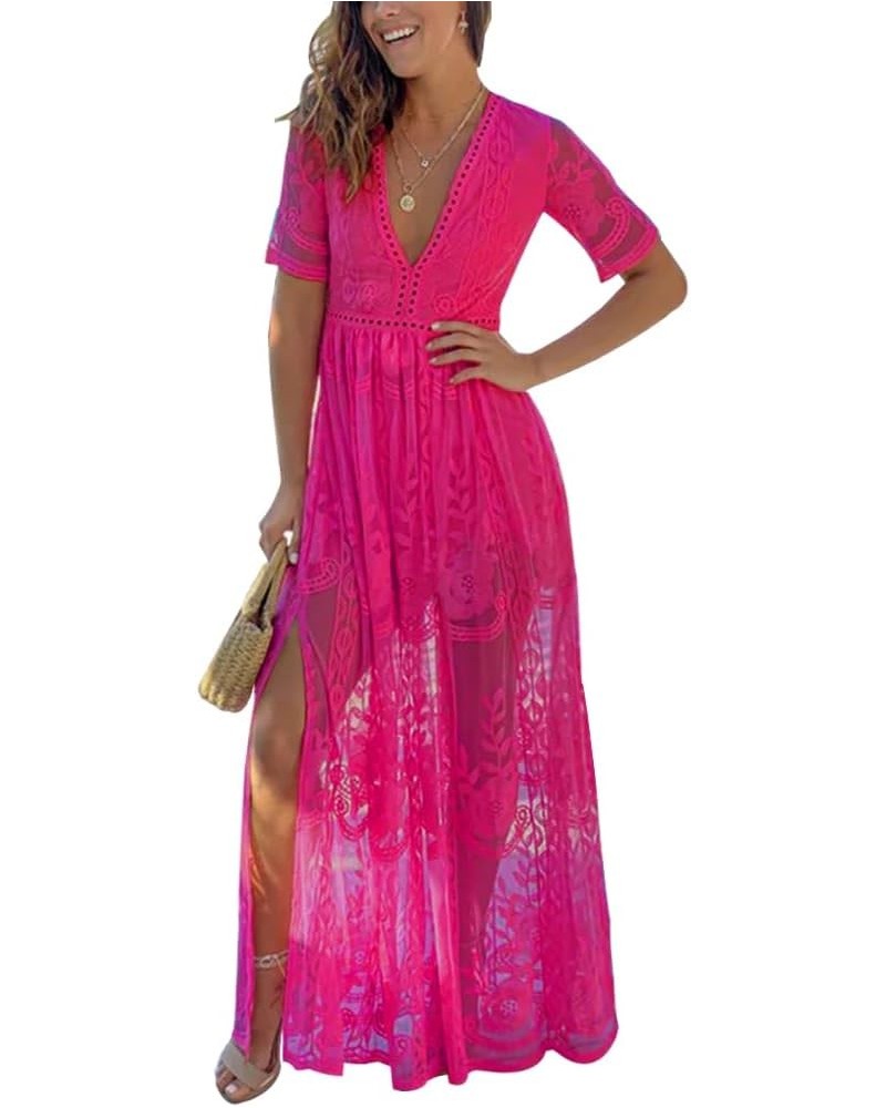 Womens V Neck Floral Embroidered Lace Wedding Maxi Dress Boho Short Sleeve Slit Bridesmaid Evening Party Dresses Magenta $21....