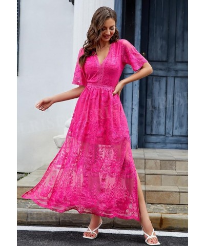 Womens V Neck Floral Embroidered Lace Wedding Maxi Dress Boho Short Sleeve Slit Bridesmaid Evening Party Dresses Magenta $21....