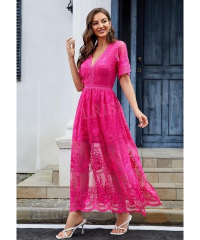 Womens V Neck Floral Embroidered Lace Wedding Maxi Dress Boho Short Sleeve Slit Bridesmaid Evening Party Dresses Magenta $21....