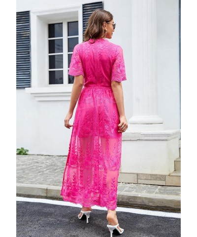 Womens V Neck Floral Embroidered Lace Wedding Maxi Dress Boho Short Sleeve Slit Bridesmaid Evening Party Dresses Magenta $21....